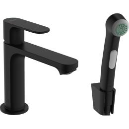 Смеситель для раковины Hansgrohe Rebris S 110, с гигиеническим душем, матовый черный 72215670