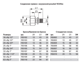 Соединение TECE TECEflex прямое с внутренней резьбой, 16 х 1/2, латунь