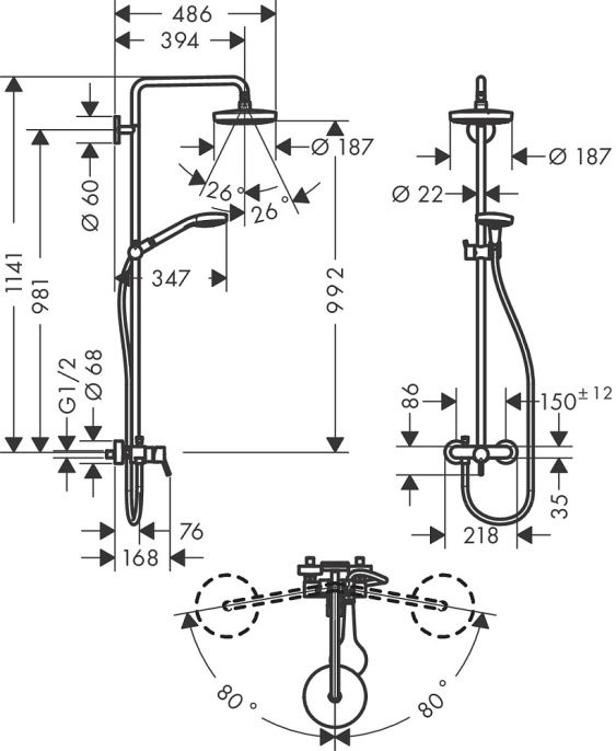 Душевая колонна Hansgrohe Croma Select S 180 2jet 27255400